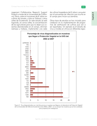 Consejo Nacional de Áreas Protegidas –CONAP– 355
Agentes subcelulares y microorganismos
nagement Collaborative Research Support
Project) a través de la Universidad de Califor-
nia, Davis, sobre el monitoreo de B. tabaci en
cultivos de tomate y chile en Salamá y otros
valles de Guatemala. En este estudio se está
logrando, en varios valles, la concientización
de los agricultores para que no dejen sus co-
sechas abandonadas en el campo, eliminen
rastrojos y malezas, implementen una veda
de cultivos hospederos de B. tabaci y se guíen
por el porcentaje de infección que ocurre en
el campo para iniciar sus siembras.
Otros tipos de estudios se han iniciado para
colaborar en la implementación de progra-
mas de certificación de cultivos que van a
ser exportados. Un ejemplo es el estudio de
virus y viroides en cítricos en diferentes regio-
Figura 3. Virus diagnosticados con más frecuencia en muestras que llegaron al Laboratorio de Protección Vegetal
de la Universidad del Valle de Guatemala entre 2002 y 2007; no se incluyen las muestras que se han analizado
para proyectos de investigación
LEPROSIS
TRV
PLRV
ZYMV
BBMV
ORSV
Timovirus
INSV
ArMV
PVS
PVY
PVX
MNSV
CTV
CbMV
AMV
CymMV
TSV
TSWV
TAV
CVB
TEV
GEMINI
PRSV
CMV
POTY
ToMV
TMV
Porcentaje de virus diagnosticados en muestras
que llegan a Protección Vegetal en la UVG del
2002 al 2007
%
0 5 10 15 20 25
Capítulo8
 