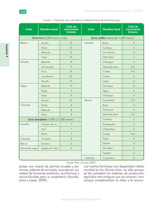 Consejo Nacional de Áreas Protegidas –CONAP–408
Agrobiodiversidad de Guatemala
Cuadro 1. Clases de maíz cultivadas en el departamento de Huehuetenango
Fuente: Díaz y Azurdia (2001)
posee una mezcla de plantas anuales y pe-
rennes, además de animales, que ejercen va-
riedad de funciones biofísicas, económicas y
socioculturales para su propietario (Azurdia,
Leiva y López, 2000).
Los huertos familiares han despertado interés
mundial en los últimos años, no sólo porque
se les considera los sistemas de producción
agrícolas más antiguos que se conocen, sino
porque complementan la dieta y la econo-
Capítulo9
 