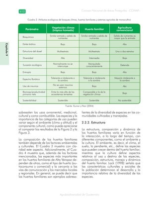 Consejo Nacional de Áreas Protegidas –CONAP–410
Agrobiodiversidad de Guatemala
sobresalen los usos ornamental, medicinal,
cultural y como combustible. Las especies y la
importancia de las categorías de uso pueden
variar según el ambiente (clima y altitud) y el
componente cultural, como puede apreciarse
al comparar los resultados de la Figura 2 y la
Figura 3.
La composición de los huertos familiares
también depende de los factores ambientales
y culturales. El Cuadro 3 muestra con cla-
ridad este aspecto. Adicionalmente, el Cua-
dro 4 muestra que, además de los factores
mencionados, las especies más importantes
en los huertos familiares de Alta Verapaz de-
penden de otros, como el tipo de huerto (au-
toconsumo y comercial) y la cercanía a las
vías de comunicación y los mercados locales
y regionales. En general, se puede decir que
los huertos familiares son ejemplos sobresa-
lientes de la diversidad de especies en las co-
munidades cultivadas y manejadas.
2.2.2. Estructura
La estructura, composición y dinámica de
los huertos familiares varía en función de
la interacción, a lo largo del tiempo, con
diferentes componentes, como el ambiente y
la cultura. El ambiente, es decir, el clima, el
suelo, la pendiente, etc., define las especies
que pueden crecer dentro del huerto familiar;
mientras que la cultura define aspectos
relativos al uso y destino de las especies,
composición, estructura, manejo y dinámica
del huerto familiar. Lock (1998) señala que
las características culturales y sociales de
la población determinan el desarrollo y la
importancia relativa de la diversidad de las
especies.
Cuadro 2. Atributos ecológicos de bosques clímax, huertos familiares y sistemas agrícolas de monocultivo
Fuente: Kumar y Nair (2004)
Capítulo9
 