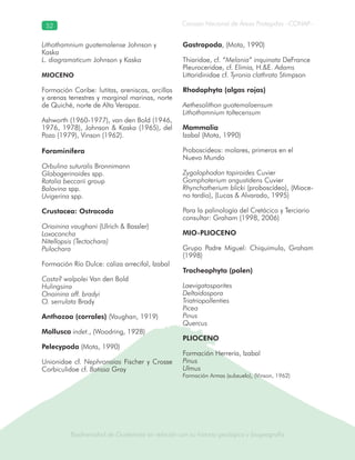 Biodiversidad de Guatemala en relación con su historia geológica y biogeografía
Consejo Nacional de Áreas Protegidas –CONAP–52
Biodiversidad de Guatemala en relación con su historia geológica y biogeografía
Lithothamnium guatemalense Johnson y
Kaska
L. diagramaticum Johnson y Kaska
MIOCENO
Formación Caribe: lutitas, areniscas, arcillas
y arenas terrestres y marginal marinas, norte
de Quiché, norte de Alta Verapaz.
Ashworth (1960-1977), van den Bold (1946,
1976, 1978), Johnson & Kaska (1965), del
Pozo (1979), Vinson (1962).
Foraminífera
Orbulina suturalis Bronnimann
Globogerinoides spp.
Rotalia beccarii group
Bolovina spp.
Uvigerina spp.
Crustacea: Ostracoda
Orioinina vaughani (Ulrich & Bassler)
Loxoconcha
Nitellopsis (Tectochara)
Psilochara
Formación Río Dulce: caliza arrecifal, Izabal
Costa? walpolei Van den Bold
Hulingsina
Onoinina aff. bradyi
O. serrulata Brady
Anthozoa (corrales) (Vaughan, 1919)
Mollusca indet., (Woodring, 1928)
Pelecypoda (Mota, 1990)
Unionidae cf. Nephronaias Fischer y Crosse
Corbiculidae cf. Batissa Gray
Gastropoda, (Mota, 1990)
Thiaridae, cf. “Melania” inquinata DeFrance
Pleuroceridae, cf. Elimia, H.&E. Adams
Littoridinidae cf. Tyronia clathrata Stimpson
Rhodophyta (algas rojas)
Aethesolithon guatemalaensum
Lithothamnium toltecensum
Mammalia
Izabal (Mota, 1990)
Proboscideos: molares, primeros en el
Nuevo Mundo
Zygolophodon tapiroides Cuvier
Gomphoterium angustidens Cuvier
Rhynchotherium blicki (proboscídeo), (Mioce-
no tardío), (Lucas & Alvarado, 1995)
Para la palinología del Cretácico y Terciario
consultar: Graham (1998, 2006)
MIO-PLIOCENO
Grupo Padre Miguel: Chiquimula, Graham
(1998)
Tracheophyta (polen)
Laevigatosporites
Deltoidospora
Triatriopollenties
Picea
Pinus
Quercus
PLIOCENO
Formación Herrería, Izabal
Pinus
Ulmus
Formación Armas (subsuelo), (Vinson, 1962)
 