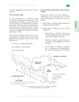 La diversidad cultural de Guatemala. Algunas relaciones con la biodiversidad
Consejo Nacional de Áreas Protegidas –CONAP– 63
las áreas geográficas de cada una de esas
regiones.
2.2.3. El área maya
El área ocupada por la civilización maya
comprende los siguientes territorios: al este
del estado de Chiapas, al norte y este el es-
tado de Tabasco y la totalidad de los estados
de Yucatán, Quintana Roo y Campeche, los
anteriores en el sureste de México; la totali-
dad de los territorios de Guatemala y Belice;
y la parte Occidental de Honduras y El Salva-
dor (Sharer, 1999).
Para facilitar el estudio de los mayas, los ar-
queólogos han dividido el área maya en tres
regiones arqueológicas. De sur a norte, estas
regiones son:
1) La llanura costera del Pacífico
2) El altiplano o Tierras Altas
3) Las Tierras Bajas
2.2.4. Divisiones del área maya en Gua-
temala
Guatemala cuenta con las tres regiones ar-
queológicas antes descritas para el área
maya, divididas para su estudio en cuatro re-
giones:
Tierras Bajas, constituida básicamente por1)
el departamento de Petén.
Tierras Altas o altiplano, a su vez subdi-2)
vididas en:
Tierras Altas o Altiplano Norte; quei.
incluye los departamentos de Alta Ve-
rapaz, Baja Verapaz y Quiché.
Altiplano Central; departamentos deii.
Guatemala, Sacatepéquez y Chimal-
tenango.
Tierras Altas o Altiplano Occiden-iii.
tal; constituida por los departamen-
tos de Huehuetenango, San Marcos,
Capítulo2
Figura 1. Mapa de distribución de las áreas culturales de Mesoamérica
Fuente: Braswell (1997); González (1995)
Frontera Norte de Mesoamérica en el momento de mayor avance
Límites de Mesoamérica en el momento de la invasión española
Subáreas culturales de Mesoamérica.
Subáreas culturales de Mesoamérica
1. Occidente de México
2. Altiplano central de México
3. Costa del Golfo de México
4. Oaxaca
5. Subárea Maya
 