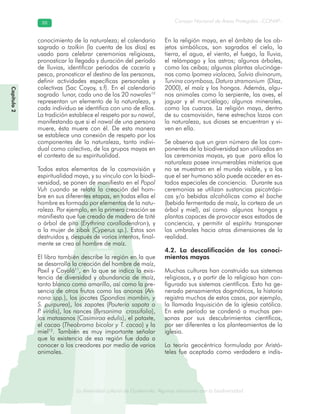 La diversidad cultural de Guatemala. Algunas relaciones con la biodiversidad
Consejo Nacional de Áreas Protegidas –CONAP–8888
de Guatemala. Algunas relaciones coLa diversidad cultural dsidad
Capítulo2
conocimiento de la naturaleza; el calendario
sagrado o tzolkin (la cuenta de los días) es
usado para celebrar ceremonias religiosas,
pronosticar la llegada y duración del período
de lluvias, identificar períodos de cacería y
pesca, pronosticar el destino de las personas,
definir actividades específicas personales y
colectivas (Sac Coyoy, s.f). En el calendario
sagrado lunar, cada uno de los 20 nawales10
representan un elemento de la naturaleza, y
cada individuo se identifica con uno de ellos.
La tradición establece el respeto por su nawal,
manifestando que si el nawal de una persona
muere, ésta muere con él. De esta manera
se establece una conexión de respeto por los
componentes de la naturaleza, tanto indivi-
dual como colectiva, de los grupos mayas en
el contexto de su espiritualidad.
Todos estos elementos de la cosmovisión y
espiritualidad maya, y su vínculo con la biodi-
versidad, se ponen de manifiesto en el Popol
Vuh cuando se relata la creación del hom-
bre en sus diferentes etapas, en todas ellas el
hombre es formado por elementos de la natu-
raleza. Por ejemplo, en la primera creación se
manifiesta que fue creado de madera de tzité
o árbol de pito (Erythrina corallodendron), y
a la mujer de zibak (Cyperus sp.). Estos son
destruidos y, después de varios intentos, final-
mente se crea al hombre de maíz.
El libro también describe la región en la que
se desarrolla la creación del hombre de maíz,
Paxil y Cayalá11
, en la que se indica la exis-
tencia de diversidad y abundancia de maíz,
tanto blanco como amarillo, así como la pre-
sencia de otros frutos como las anonas (An-
nona spp.), los jocotes (Spondias mombin, y
S. purpurea), los zapotes (Pouteria sapota o
P. viridis), los nances (Byrsonima crassifolia),
los matasanos (Casimiroa edulis), el pataxte,
el cacao (Theobroma bicolor y T. cacao) y la
miel12
. También es muy importante señalar
que la existencia de esa región fue dada a
conocer a los creadores por medio de varios
animales.
En la religión maya, en el ámbito de los ob-
jetos simbólicos, son sagrados el cielo, la
tierra, el agua, el viento, el fuego, la lluvia,
el relámpago y los astros; algunos árboles,
como las ceibas; algunas plantas alucinóge-
nas como Ipomea violacea, Salvia divinorum,
Turvina corymbosa, Datura stramonium (Díaz,
2000), el maíz y los hongos. Además, algu-
nos animales como la serpiente, las aves, el
jaguar y el murciélago; algunos minerales,
como los cuarzos. La religión maya, dentro
de su cosmovisión, tiene estrechos lazos con
la naturaleza, sus dioses se encuentran y vi-
ven en ella.
Se observa que un gran número de los com-
ponentes de la biodiversidad son utilizados en
las ceremonias mayas, ya que para ellos la
naturaleza posee innumerables misterios que
no se muestran en el mundo visible, y a los
que el ser humano sólo puede acceder en es-
tados especiales de conciencia. Durante sus
ceremonias se utilizan sustancias psicotrópi-
cas y/o bebidas alcohólicas como el bache
(bebida fermentada de maíz, la corteza de un
árbol y miel), así como algunos hongos y
plantas capaces de provocar esos estados de
conciencia, y permitir al espíritu transponer
los umbrales hacia otras dimensiones de la
realidad.
4.2. La descalificación de los conoci-
mientos mayas
Muchas culturas han construido sus sistemas
religiosos, y a partir de lo religioso han con-
figurado sus sistemas científicos. Esto ha ge-
nerado pensamientos dogmáticos, la historia
registra muchos de estos casos, por ejemplo,
la llamada Inquisición de la iglesia católica.
En este período se condenó a muchas per-
sonas por sus descubrimientos científicos,
por ser diferentes a los planteamientos de la
iglesia.
La teoría geocéntrica formulada por Aristó-
teles fue aceptada como verdadera e indis-
 