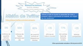 “ofrecer a todo el mundo la capacidad de crear y
compartir ideas e información al instante, sin ningún
tipo de obstáculos”
Cifras aproximadas extraídas el 30 de junio de 2015.
https://about.twitter.com/es/company
 