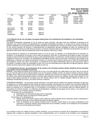 Guía para Examen
Curso UNAM
Lic. Jorge Galeazzi A.
Río Longitud
Km2
Cuenca
Km2
Vertiente
Lerma –
Santiago
927 125,370 Pacífico
Balsas 840 117,400 Pacífico
Yaqui 828 88,000 Pacífico
Fuerte 410 34,000 Pacífico
Usumacinta 800 68,000 Atlántico
Mezcalapa –
Grijalva
720 86,300 Atlántico
Pánuco 680 75,000 Atlántico
Papaloapan 540 45,000 Atlántico
Nombre Superficie Km2
País
Caspio 371,000 Antigua URSS
Superior 84,131 Canadá – EUA
Victoria 68,100 Uganda – Kenia
Aral 66,500 Antigua URSS
Hurón 61,797 Canadá - EUA
1.3.2.3 Relación de los ríos, los lagos y las aguas subterráneas con la distribución de la población y las actividades
económicas.
Las aguas continentales representan el 2% de todas las aguas terrestres, esta agua tiene que satisfacer la demanda de la
población cuyo número aumenta considerablemente. Las aguas continentales constituyen un recurso que no puede aumentar en
grandes cantidades sino en pequeña escala mediante tratamiento de desalinización, proceso por demás costoso; entre la sociedad
no hay control voluntario del consumo y sistemáticamente se desperdician grandes cantidades de agua, se considera que el
consumo domestico diario es de 250 litros por persona, el consumo industrial medio es de 1500 litros por persona/día, por último la
agricultura utiliza varios miles de litros/persona al día en los países de clima seco y cálido.
El agua además de utilizarse en la alimentación tiene un sin fin de usos, por ejemplo: en el abastecimiento de industrias, en
recreación, en la generación de energía y como medio de transporte. Ahora bien, la importancia de los lagos se debe e que estos
recogen en época de lluvias el excedente de agua y evitan desbordamientos e inundaciones. Cuando la lluvia es escasa mantienen
constante el nivel de las corrientes y los generadores hidrostáticos pueden seguir funcionando. Suministran agua potable a las
poblaciones e industrias, son lugares de recreación turística y en muchos casos contienen peces que se utilizan en la alimentación
de la población. Sirven como vías e comunicación. La importancia de las aguas subterráneas radica en que proporcionan agua a
los pueblos y ciudades a través de manantiales y pozos. Por lo que son esenciales para la agricultura de algunas regiones, pues al
sacarla de pozos proporcionan regadío a tierras donde no hay ríos.
1.3.2.4 Importancia del mar: aprovechamiento de las mareas y las corrientes marinas; efectos climáticos de las corrientes
y su relación con las actividades económicas.
MAREAS.- Las mareas se producto de la cercanía de la Luna y a la masa del Sol, las cuales atraen a la Tierra; pero en el caso de
la Luna, esta sólo atrae la masa oceánica debido a que es muy grande y flexible. Cuando los astros se alinean, producen mareas
llamadas vivas o altas porque sus atracciones se conjuntan, mientras que al forman una ángulo recto, sus fuerzas gravitacionales
se nulifican y las mareas son llamadas muertas o mínimas. Estas mareas se producen en cualquier momento (día o noche). En una
marea el agua parece ascender en las playas sólo unos metros cúbicos, pero en realidad desplaza millones de éstos con un
despliegue considerable de energía, que ahora comienza a utilizarse.
CORRIENTES MARINAS.- Las corrientes marinas asemejan a ríos dentro del mar, debido a los grandes volúmenes de agua que
se desplazan en el océano siguiendo rutas cíclicas de manera constante, este fenómeno es conocido como circulación general de
corrientes marinas. En la dirección de estas corrientes influye el movimiento de rotación de la Tierra, ya que origina que el agua se
desvíe a la derecha en el hemisferio norte y a la izquierda en el hemisferio sur. Una corriente marina se originan debido a: el
movimientos de rotación terrestre, a la diferencia de temperaturas y salinidad de las aguas de los mares y, a la acción de los
vientos constantes. Las corrientes marinas se clasifican:
- De acuerdo con su profundidad en:
a) Superficiales; han sido aprovechadas por los navegantes.
b) Profundas; fluyen con lentitud por el fondo del mar.
- De acuerdo con su temperatura en:
a) Cálidas; parten del Ecuador hacia los polos; bañan las costas orientales de los continentes; elevan la temperatura y
producen lluvias por lo que modifican los climas de algunas regiones.
b) Frías; se desplazan de las grandes latitudes hacia el Ecuador, pasan frente a las costas occidentales de los
continentes y ocasionan sequías porque desprenden poca humedad; e influyen en la localización de los desiertos.
Pero son muy favorables para la pesca.
Las corrientes cuando son cálidas provocan cambios climáticos, ya que provocan el aumento de la temperatura que transforma
regiones frías y polares en regiones templadas o frías, respectivamente, con un aumento de la humedad y por consiguiente
Pag. 117
 