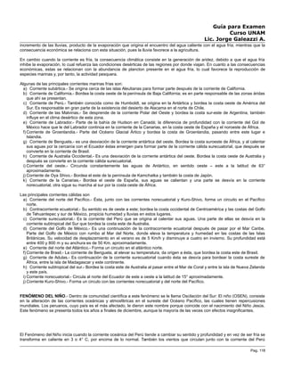 Guía para Examen
Curso UNAM
Lic. Jorge Galeazzi A.
incremento de las lluvias, producto de la evaporación que origina el encuentro del agua caliente con el agua fría; mientras que la
consecuencia económica se relaciona con esta situación, pues la lluvia favorece a la agricultura.
En cambio cuando la corriente es fría, la consecuencia climática consiste en la generación de aridez, debido a que el agua fría
inhibe la evaporación, lo cual refuerza las condiciones desérticas de las regiones por donde viajan. En cuanto a las consecuencias
económicas, estas se relacionan con la abundancia de plancton presente en el agua fría, lo cual favorece la reproducción de
especies marinas y, por tanto, la actividad pesquera.
Algunas de las principales corrientes marinas frías son:
a) Corriente subártica.- Se origina cerca de las islas Aleutianas para formar parte después de la corriente de California.
b) Corriente de California.- Bordea la costa oeste de la península de Baja California; es en parte responsable de las zonas áridas
que ahí se presentan.
c) Corriente de Perú.- También conocida como de Humboldt, se origina en la Antártica y bordea la costa oeste de América del
Sur. Es responsable en gran parte de la existencia del desierto de Atacama en el norte de Chile.
d) Corriente de las Malvinas.- Se desprende de la corriente Polar del Oeste y bordea la costa sur-este de Argentina, también
influye en el clima desértico de esta zona.
e) Corriente de Labrador.- Parte de la bahía de Hudson en Canadá; la diferencia de profundidad con la corriente del Gol de
México hace que le del Labrador continúa en la corriente de la Canarias, en la costa oeste de España y el noroeste de África.
f) Corriente de Groenlandia.- Parte del Océano Glacial Ártico y bordea la costa de Groenlandia, pasando entre este lugar e
Islandia.
g) Corriente de Benguela.- es una desviación de la corriente antártica del oeste. Bordea la costa suroeste de África, y al calentar
sus aguas por la cercanía con el Ecuador éstas emergen para formar parte de la corriente cálida surecuatorial, que después se
convierte en la corriente de Brasil.
h) Corriente de Australia Occidental.- Es una desviación de la corriente antártica del oeste. Bordea la costa oeste de Australia y
después se convierte en la corriente cálida surecuatorial.
i) Corriente del oeste.- Circunda constantemente las aguas de Antártico, en sentido oeste – este a la latitud de 63°
aproximadamente.
j) Corriente de Oya Shivo.- Bordea el este de la península de Kamchatka y también la costa de Japón.
k) Corriente de la Canarias.- Bordea el oeste de España, sus aguas se calientan y una parte se desvía en la corriente
norecuatorial, otra sigue su marcha al sur por la costa oeste de África.
Las principales corrientes cálidas son
a) Corriente del norte del Pacífico.- Ésta, junto con las corrientes norecuatorial y Kuro-Shivo, forma un circuito en el Pacífico
norte.
b) Contracorriente ecuatorial.- Su sentido es de oeste a este; bordea la costa occidental de Centroamérica y las costas del Golfo
de Tehuantepec y sur de México, propicia humedad y lluvias en estos lugares.
c) Corriente surecuatorial.- Es la corriente del Perú que se origina al calentar sus aguas. Una parte de ellas se desvía en la
corriente subtropical del Sur que bordea la costa este de Australia.
d) Corriente del Golfo de México.- Es una continuación de la contracorriente ecuatorial después de pasar por el Mar Caribe.
Parte del Golfo de México con rumbo al Mar del Norte, donde eleva la temperatura y humedad en las costas de las Islas
Británicas. Su velocidad de desplazamiento en el verano es de 5 Km/h y disminuye a cuatro en invierno. Su profundidad está
entre 400 y 800 m y su anchura es de 50 Km. aproximadamente.
e) Corriente del norte del Atlántico.- Forma un circuito en el atlántico norte.
f) Corriente de Brasil.- La corriente de Benguela, al elevar su temperatura, da origen a ésta, que bordea la costa este de Brasil.
g) Corriente de Adulas.- Es continuación de la corriente surecuatorial cuando ésta se desvía para bordear la costa sureste de
África, entre la isla de Madagascar y este continente.
h) Corriente subtropical del sur.- Bordea la costa este de Australia al pasar entre el Mar de Coral y entre la isla de Nueva Zelanda
y este país.
i) Corriente norecuatorial.- Circula al norte del Ecuador de este a oeste a la latitud de 15° aproximadamente.
j) Corriente Kuro-Shivo.- Forma un circulo con las corrientes norecuatorial y del norte del Pacífico.
FENÓMENO DEL NIÑO.- Dentro de comunidad científica a este fenómeno se le llama Oscilación del Sur: El niño (OSEN), consiste
en la alteración de las corrientes oceánicas y atmosféricas en el sureste del Océano Pacífico, las cuales tienen repercusiones
mundiales. Los peruanos, cuyo país es el más afectado, le dieron este nombre porque coincide con el nacimiento del Niño Jesús.
Este fenómeno se presenta todos los años a finales de diciembre, aunque la mayoría de las veces con efectos insignificantes.
El Fenómeno del Niño inicia cuando la corriente oceánica del Perú tiende a cambiar su sentido y profundidad y en vez de ser fría se
transforma en caliente en 3 o 4° C, por encima de lo normal. También los vientos que circulan junto con la corriente del Perú
Pag. 118
 