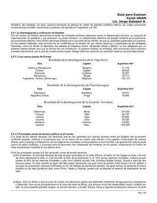 Guía para Examen
Curso UNAM
Lic. Jorge Galeazzi A.
Soviética. Sin embargo, en otros casos la transición se efectúo en medio de grandes conflictos bélicos, los cuales provocaron
consecuencias sociales, económicas y políticas; por ejemplo en Yugoslavia y el CEI.
2.5.1 La desintegración y unificación de Estados
Con el nombre de Estado, denominamos todas las entidades políticas soberanas sobre un determinado territorio, su conjunto de
organizaciones de gobierno y, por extensión, su propio territorio. La característica distintiva del Estado moderno es la soberanía,
reconocimiento efectivo, tanto dentro del propio Estado como por parte de los demás, de que su autoridad gubernativa es suprema.
En los estados federales, este principio se ve modificado en el sentido de que ciertos derechos y autoridades de las entidades
federadas, como los länder en Alemania, los estados en Estados Unidos, Venezuela, Brasil o México, no son delegados por un
gobierno federal central, sino que se derivan de una constitución. El gobierno federal, sin embargo, está reconocido como soberano
a escala internacional, por lo que las constituciones suelen delegar todos los derechos de actuación externa a la autoridad central.
2.5.1.1 Los nuevos países de Europa
Resultado de la desintegración de la Yugoslavia:
País Capital Superficie Km2
Bosnia y Herzegovina
Croacia
Eslovenia
Macedonia
Yugoslavia / Serbia / Montenegro
Sarajevo
Zagreb
Liubliana
Skopje
Belgrado
51,129
56,538
20,251
25,713
102,173
Resultado de la desintegración de Checoslovaquia:
País Capital Superficie Km2
Eslovaquia
República Checa
Bratislava
Praga
49,035
78,864
Resultado de la desintegración de la Exunión Soviética:
País Capital Superficie Km2
Bielorrusia
Estonia
Letonia
Lituania
Moldavia
Ucrania
Minsk
Tallin
Riga
Vilna
Kishinev
Kiev
207,000
45,100
64,600
65,200
43,000
604,000
2.5.1.2 Principales zonas de tensión política en el mundo
A lo largo de las últimas décadas, las tensiones que se han generado por motivos diversos entre los Estados han provocado
conflictos sociales, políticos y económicos que, en el menor de los casos, sólo afectan a los pueblos involucrados de manera
directa, pero a la larga la intervención de los organismos mundiales provoca efectos a nivel mundial. Las guerras han sido la pauta
común en estos conflictos, y acciones como el terrorismo han traspasado las fronteras de los países, ocasionando la muerte de
miles de personas inocentes en los últimos años.
Entre las principales causas que han generado zonas de tensión tenemos:
a)Por el petróleo.- El principal triángulo de este recurso se localiza en el Golfo Pérsico al oeste, el mar Caspio al norte, y el mar
de China Meridional al este, lo cual equivale al 49% de la producción y un 74% de las reservas mundiales. Catorce países
poseen el 90% de las reservas mundiales y sólo cinco (Arabia saudita, Irak, Emiratos Árabes Unidos, Kuwait e Irán) las dos
terceras partes. En este sentido la región del Mar caspio representa una gran zona de tensión entre Rusia y E.U.A. debido a
que aquí se encuentran reservas verificadas por 35 mil millones de barriles de petróleo. De igual manera se presenta el mismo
conflicto en las islas Spratly en Asia, entre China, Taiwán y Filipinas, países que se disputan el derecho de explotación de las
islas.
b)Agua.- Esto es debido a que el curso de ciertos ríos atraviesan países que dependen totalmente del agua para su subsistencia
y desarrollo. Esto se da principalmente en la zona del norte de África, que aunque no se han desarrollado ningún conflicto por
esto, la zona presenta grandes riesgos, ya que por ejemplo, si Sudán, Etiopía, Kenia y Uganda construyeran presas en la parte
Pag. 129
 
