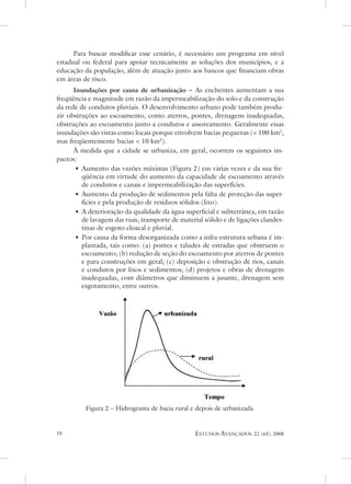 Para buscar modificar esse cenário, é necessário um programa em nível
estadual ou federal para apoiar tecnicamente as soluções dos municípios, e a
educação da população, além de atuação junto aos bancos que financiam obras
em áreas de risco.
      Inundações por causa de urbanização – as enchentes aumentam a sua
freqüência e magnitude em razão da impermeabilização do solo e da construção
da rede de condutos pluviais. o desenvolvimento urbano pode também produ-
zir obstruções ao escoamento, como aterros, pontes, drenagens inadequadas,
obstruções ao escoamento junto a condutos e assoreamento. Geralmente essas
inundações são vistas como locais porque envolvem bacias pequenas ( 100 km2,
mas freqüentemente bacias  10 km2).
      À medida que a cidade se urbaniza, em geral, ocorrem os seguintes im-
pactos:
       • aumento das vazões máximas (Figura 2) em várias vezes e da sua fre-
         qüência em virtude do aumento da capacidade de escoamento através
         de condutos e canais e impermeabilização das superfícies.
       • aumento da produção de sedimentos pela falta de proteção das super-
         fícies e pela produção de resíduos sólidos (lixo).
       • a deterioração da qualidade da água superficial e subterrânea, em razão
         de lavagem das ruas, transporte de material sólido e de ligações clandes-
         tinas de esgoto cloacal e pluvial.
       • Por causa da forma desorganizada como a infra-estrutura urbana é im-
         plantada, tais como: (a) pontes e taludes de estradas que obstruem o
         escoamento; (b) redução de seção do escoamento por aterros de pontes
         e para construções em geral; (c) deposição e obstrução de rios, canais
         e condutos por lixos e sedimentos; (d) projetos e obras de drenagem
         inadequadas, com diâmetros que diminuem a jusante, drenagem sem
         esgotamento, entre outros.




          Figura 2 – Hidrograma de bacia rural e depois de urbanizada.


0                                               estudos avançados     22 (63), 2008
 