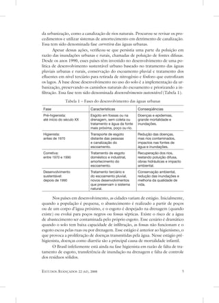 da urbanização, como a canalização de rios naturais. Procurou-se revisar os pro-
cedimentos e utilizar sistemas de amortecimento em detrimento de canalização.
essa tem sido denominada fase corretiva das águas urbanas.
       apesar dessas ações, verificou-se que persistia uma parte da poluição em
razão das inundações urbanas e rurais, chamadas de poluição de fontes difusas.
desde os anos 1990, esses países têm investido no desenvolvimento de uma po-
lítica de desenvolvimento sustentável urbano baseado no tratamento das águas
pluviais urbanas e rurais, conservação do escoamento pluvial e tratamento dos
efluentes em nível terciário para retirada de nitrogênio e fósforo que eutrofizam
os lagos. a base desse desenvolvimento no uso do solo é a implementação da ur-
banização, preservando os caminhos naturais do escoamento e priorizando a in-
filtração. essa fase tem sido denominada desenvolvimento sustentável (tabela 1).

                tabela 1 – Fases do desenvolvimento das águas urbanas
Fase                           Características              Conseqüências
Pré-higienista:                Esgoto em fossas ou na       Doenças e epidemias,
até início do século XX        drenagem, sem coleta ou      grande mortalidade e
                               tratamento e água da fonte   inundações.
                               mais próxima, poço ou rio.
Higienista:                    Transporte de esgoto         Redução das doenças,
antes de 1970                  distante das pessoas         mas rios contaminados,
                               e canalização do             impactos nas fontes de
                               escoamento.                  água e inundações.
Corretiva:                     Tratamento de esgoto         Recuperação dos rios,
entre 1970 e 1990              doméstico e industrial,      restando poluição difusa,
                               amortecimento do             obras hidráulicas e impacto
                               escoamento.                  ambiental.
Desenvolvimento                Tratamento terciário e       Conservação ambiental,
sustentável:                   do escoamento pluvial,       redução das inundações e
depois de 1990                 novos desenvolvimentos       melhoria da qualidade de
                               que preservam o sistema      vida.
                               natural.

      nos países em desenvolvimento, as cidades variam de estágio. Inicialmente,
quando a população é pequena, o abastecimento é realizado a partir de poços
ou de um corpo d’água próximo, e o esgoto é despejado na drenagem (quando
existe) ou evolui para poços negros ou fossas sépticas. existe o risco de a água
de abastecimento ser contaminada pelo próprio esgoto. esse cenário é dramático
quando o solo tem baixa capacidade de infiltração, as fossas não funcionam e o
esgoto escoa pelas ruas ou por drenagem. esse estágio é anterior ao higienismo, o
que provoca a proliferação de doenças transmitidas pela água. nesse estágio pré-
higienista, doenças como diarréia são a principal causa de mortalidade infantil.
      o Brasil infelizmente está ainda na fase higienista em razão de falta de tra-
tamento de esgoto, transferência de inundação na drenagem e falta de controle
dos resíduos sólidos.


estudos avançados      22 (63), 2008                                                      
 
