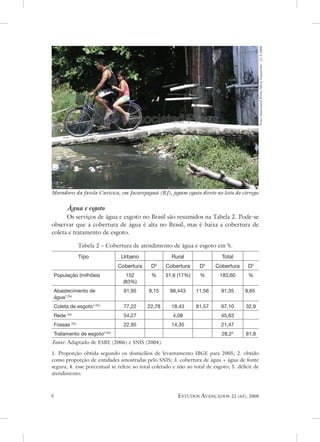 Foto associated Press/silvia Izquierdo - 21.3.2008
Moradores da favela Curicica, em Jacarepaguá (rJ), jogam esgoto direto no leito do córrego.

      Água e esgoto
      os serviços de água e esgoto no Brasil são resumidos na tabela 2. Pode-se
observar que a cobertura de água é alta no Brasil, mas é baixa a cobertura de
coleta e tratamento de esgoto.

             tabela 2 – Cobertura de atendimento de água e esgoto em %.
             Tipo                Urbano               Rural                  Total
                                Cobertura    D5
                                                    Cobertura      D5
                                                                          Cobertura      D5
População (milhões)                152       %      31,6 (17%)     %        183,60       %
                                  (83%)
Abastecimento de                  91,95     8,15     88,443      11,56      91,35      8,65
água1 (%)
Coleta de esgoto1 (%)             77,22     22,78     18,43      81,57      67,10       32,9
Rede (%)                          54,27                4,08                 45,63
Fossas (%)                        22,95               14,35                 21,47
Tratamento de esgoto    2 (%)
                                                                             28,24      81,8
Fonte: adaptado de esBe (2006) e snIs (2004).

1. Proporção obtida segundo os domicílios de levantamento IBGe para 2005; 2. obtido
como proporção de entidades amostradas pelo snIs; 3. cobertura de água + água de fonte
segura; 4. esse porcentual se refere ao total coletado e não ao total de esgoto; 5. déficit de
atendimento.



                                                        estudos avançados       22 (63), 2008
 