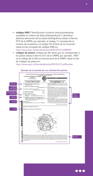 • códigos INID (“Identificación numérica internacionalmente
acordada en materia de datos [bibliográficos]”): identifican
distintos elementos de los datos bibliográficos (véase la Norma
ST.9 de la OMPI); por ejemplo, el código 11 corresponde al
número de la patente y el código 54 al título de la invención;
véase la lista completa de códigos INID en:
http://www.wipo.int/standards/es/pdf/03-09-01.pdf#INID
• códigos de países: códigos de dos letras que se corresponden a
los países (véase la Norma ST.3 de la OMPI); por ejemplo, “WO”
es el código de la Oficina Internacional de la OMPI; véase la lista
de códigos de países en:
http://www.wipo.int/standards/es/pdf/03-03-01.pdf#codes
Ejemplo de la portada de una solicitud de patente
9
Clasificación
Estados
designados
Datos relativos a
la prioridad
Solicitante
Inventor
Título
Resumen
Fecha de
presentación
de la solicitud
 