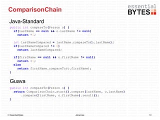 ComparisonChain
 Java-Standard
  public int compareTo(Person o) {
    if(lastName == null && o.lastName != null)
      return -1;

      int lastNameCompared = lastName.compareTo(o.lastName);
      if(lastNameCompared != 0)
        return lastNameCompared;

      if(firstName == null && o.firstName != null)
        return -1;
      else
        return firstName.compareTo(o.firstName);
  }


  Guava
  public int compareTo(Person o) {
    return ComparisonChain.start().compare(lastName, o.lastName)
        .compare(firstName, o.firstName).result();
  }




 Essential Bytes                      Johannes                    14
 