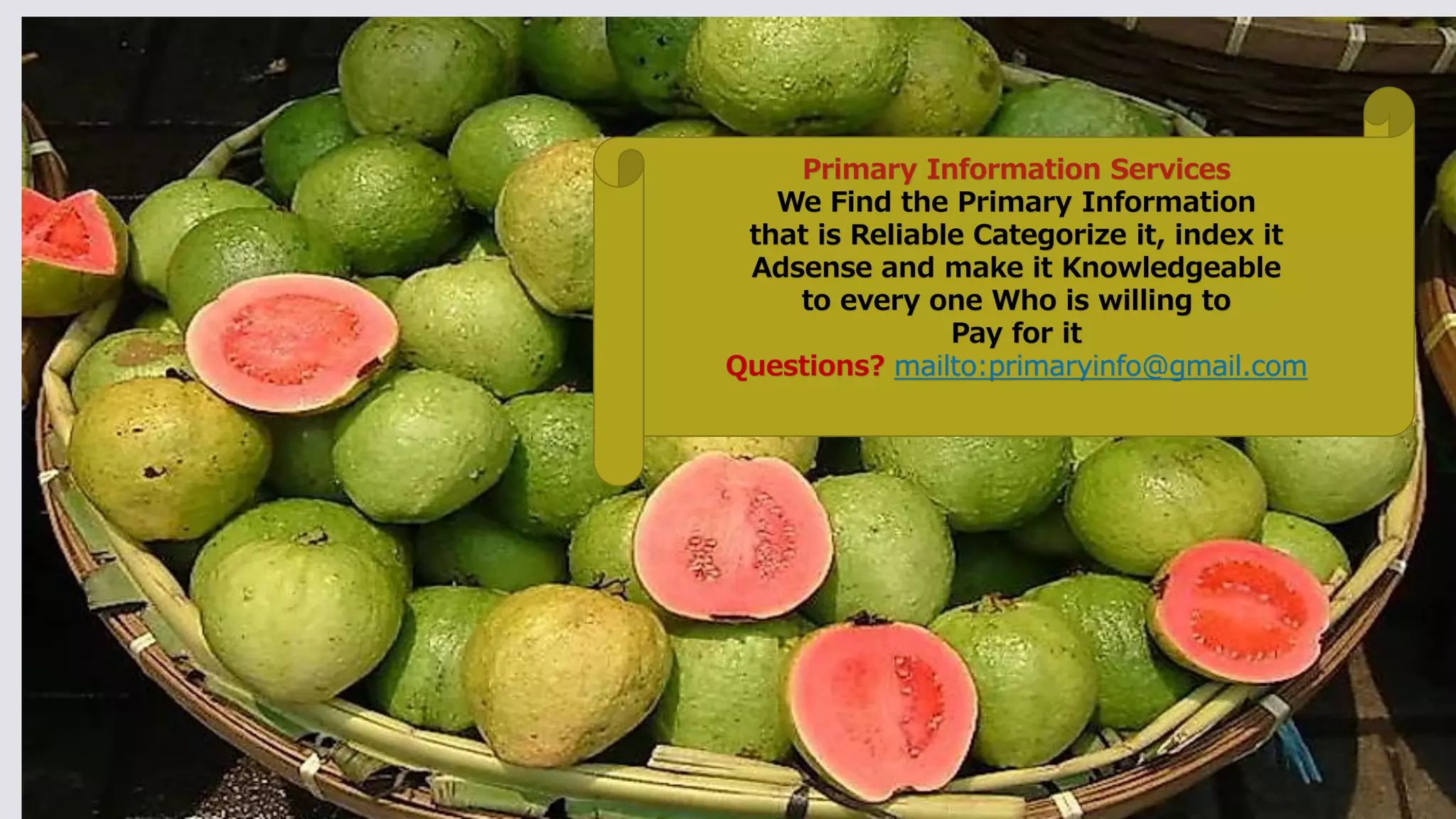 Primary Information Services
We Find the Primary Information
that is Reliable Categorize it, index it
Adsense and make it Knowledgeable
to every one Who is willing to
Pay for it
Questions? mailto:primaryinfo@gmail.com