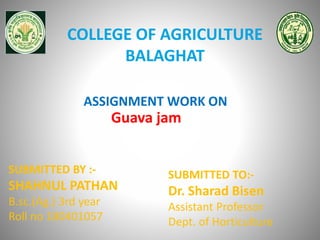 COLLEGE OF AGRICULTURE
BALAGHAT
SUBMITTED BY :-
SHAHNUL PATHAN
B.sc.(Ag.) 3rd year
Roll no 180401057
SUBMITTED TO:-
Dr. Sharad Bisen
Assistant Professor
Dept. of Horticulture
ASSIGNMENT WORK ON
Guava jam
 