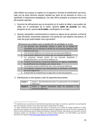 cabe señalar que aunque su registro en el esquema o formato de planificación sea breve,
cada uno de estos términos requiere claridad por parte de los docentes en torno a su
significado e implicaciones pedagógicas. Con este último propósito se proponen las tareas
del presente apartado.

1. Escuchen las afirmaciones que se encuentran en el cuadro de abajo y que pueden ser
   leídas por el coordinador de la sesión. Quienes estén de acuerdo con ellas,
   pónganse de pie; quienes no lo estén, manténganse en su lugar.

2. Quienes representen numéricamente la mayoría en alguna de las opciones, al final de
   cada afirmación, brevemente explicarán a los demás por qué eligieron esa postura. El
   resto del grupo podrá debatir esos argumentos6.

       Afirmaciones para debatir sobre la planificación de actividades en el aula:
           1. Los docentes han planificado siempre a partir de un listado de
              actividades que no equivalen al diseño de una secuencia didáctica. Esta
              última es otra cosa.
           2. Una situación didáctica es lo mismo que una secuencia didáctica.
           3. Una situación didáctica es lo mismo que una situación problema.
           4. Los proyectos siempre parten de una situación desafiante y
              problematizadora, una secuencia didáctica no.
           5. El diseño de proyectos y secuencias didácticas son algunas modalidades
              de planificación de actividades, pero existen otras.
           6. Un proyecto implica el diseño de una o más secuencias didácticas.
           7. Los proyectos requieren que forzosamente se planifiquen actividades
              de varias asignaturas.
           8. El desarrollo de competencias se logra sólo a través de proyectos.

3. Distribúyanse en dos equipos y lean los siguientes documentos:

            Equipo 1          Anexo 1. Recomendaciones para la organización de actividades
                              didácticas7.
            Equipo 2          Anexo 2. Algunas precisiones sobre los proyectos y las
                              secuencias didácticas.




6
  Es importante que se promueva el intercambio de opiniones para lograr un consenso, sugiriendo a los participantes
que hay respuestas correctas e incorrectas, pero todos los argumentos son válidos.
7
  El texto completo del que forma parte este anexo, se encuentra en la Sesión de Trabajo Académico III. Dicho
documento fue enviado a los Coordinadores Estatales de Asesoría y Seguimiento del nivel de Primaria en diciembre de
2012 y se titula Orientaciones para la Planificación Didáctica. Educación Primaria. Cabe señalar que esta sesión, como las
anteriores, pueden ser consultadas en la página de la Red de Apoyo Académico a las CEAS (RAAC), cuya dirección
electrónica es la siguiente http://www.dgdc.sep.gob.mx/moodleprimaria/


                                                                                                                      10
 