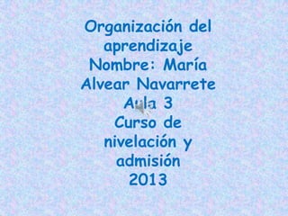 Organización del
aprendizaje
Nombre: María
Alvear Navarrete
Aula 3
Curso de
nivelación y
admisión
2013
 