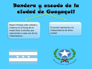 Bandera y escudo de la
ciudad de Guayaquil
Posee 3 franjas color celeste y
2 blanca en la franja de en
medio lleva 3 estrellas que
representan a cada uno de los
3 libertadores. .
El escudo representa a la
independencia de dicha
ciudad.
 