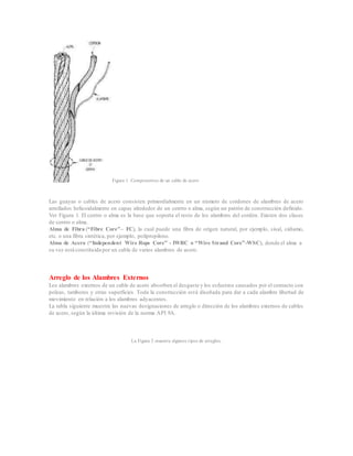 Figura 1. Componentes de un cable de acero
Las guayas o cables de acero consisten primordialmente en un número de cordones de alambres de acero
arrollados helicoidalmente en capas alrededor de un centro o alma, según un patrón de construcción definido.
Ver Figura 1. El centro o alma es la base que soporta el resto de los alambres del cordón. Existen dos clases
de centro o alma.
Alma de Fibra (“Fibre Core”– FC), la cual puede una fibra de origen natural, por ejemplo, sisal, cáñamo,
etc. o una fibra sintética, por ejemplo, polipropileno.
Alma de Acero (“Independent Wire Rope Core” - IWRC o “Wire Strand Core”-WSC), donde el alma a
su vez está constituida por un cable de varios alambres de acero.
Arreglo de los Alambres Externos
Los alambres externos de un cable de acero absorben el desgaste y los esfuerzos causados por el contacto con
poleas, tambores y otras superficies. Toda la construcción está diseñada para dar a cada alambre libertad de
movimiento en relación a los alambres adyacentes.
La tabla siguiente muestra las nuevas designaciones de arreglo o dirección de los alambres externos de cables
de acero, según la última revisión de la norma API 9A.
La Figura 2 muestra algunos tipos de arreglos.
 
