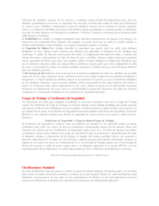 Abrasión los alambres externos de los torones o cordones sufren pérdida del material de acero, pero los
alambres generalmente conservan su redondez. Por otro lado, la forma más común de daño por deformación
se conoce como “martilleo o machacado” ya que los alambres externos de los cordones o torones aparecen
como si se hubiesen martillado (el espesor del alambre aparece disminuido y el mismo pierde su redondez);
este tipo de daño aparece con frecuencia en tambores (“winches”), donde se ocasiona por el contacto cable-
cable durante el enrollado.
5. EstabilidadEste término se emplea usualmente para describir características de manejo o de trabajo y no
representa una propiedad física definida. Por ejemplo, se puede decir que un cable es estable cuando se
enrolla uniformemente sobre el tambor, o no tiende a enredarse cuando es estirado.
6. Capacidad de Doblez Este término describe la capacidad que puede tener un cable para doblarse
fácilmente en arco. Existen cuatro factores que afectan esta capacidad: a) Diámetro de los alambres que
conforman el cable; b) Tipo de construcción del cable; c) Composición del metal del cable y acabado del
mismo (desnudo o galvanizado); d) Tipo de alma, de acero o de fibra. Algunos cables tienen por naturaleza
mayor capacidad de doblez que otros, por ejemplo, cables de menor diámetro se doblan más fácilmente que
los de diámetros mayores, cables de alma de fibra se doblan en mayor grado que otros comparables de alma
de acero y en general, los cables con muchos alambres pequeños se doblan más que otros del mismo diámetro
pero con alambres gruesos.
7. Resistencia de Reserva Este factor equivale a la resistencia combinada de todos los alambres de un cable,
menos los de las capas exteriores de los cordones o torones, los cuales siempre son los primeros en dañarse o
desgastarse. A mayor número de alambres mayor es la resistencia de reserva, ya que al disminuir el diámetro
de los alambres exteriores, mayor sección metálica estará concentrada en las capas internas del cordón o
torón. La resistencia tiene mayor importancia en los casos donde la rotura de un cable puede ocasionar
accidentes de importancia. En estos casos es recomendable la inspección frecuente del cable por técnicos
competentes y la operación cotidiana con un coeficiente de seguridad adecuado.
Cargas de Trabajo y Coeficientes de Seguridad
Al seleccionar un cable para cualquier instalación es necesario considerar cuál será su Carga de Trabajo
segura. Por definición la Carga de Trabajo es la fuerza máxima o peso máximo permitido que puede soportar
una guaya o cable de acero trabajando en usos normales, cuando la tensión se aplica en línea con respecto a su
eje central. Por lo tanto, el Coeficiente de Seguridad (conocido también como Factor de Seguridad o Factor de
Diseño) es una relación numérica que denota la capacidad de reserva teórica de la guaya o cable de acero.
Entonces,
Coeficiente de Seguridad = Carga de Rotura/Carga de Trabajo
El Coeficiente de Seguridad se expresa como una relación, por ejemplo 5:1. Es imposible utilizar un mismo
coeficiente para todos los casos, ya que las condiciones operacionales nunca son las mismas. Existe una
variación tan grande que los Coeficientes de Seguridad varían entre 3,5 y 24. Entre los factores que deben
considerarse están el peso muerto de la carga, la velocidad de izaje, la aceleración y desaceleración del izaje,
el diámetro, número y disposición de las poleas, el tamaño del tambor, posibles efectos de corrosión y
abrasión, importancia de la carga, etc. No obstante, a manera de guía, para trabajos industriales comunes se
emplea en casi todos los casos un coeficiente de 5:1, o sea la Carga de Trabajo segura será 1/5 de la Carga de
Rotura de la guaya o cable de acero, según clase y su diámetro, expresada en la norma API 9A, o en las
especificaciones de los fabricantes. La tabla adjunta muestra otros coeficientes para diferentes escenarios.
Tabla de Coeficientes de Seguridad para Guayas o Cables de Acero
Clasificaciones Standard
En cada clasificación todas las guayas o cables de acero del mismo diámetro, del mismo grado y de la misma
alma tienen la misma resistencia nominal y el mismo peso por longitud. Dentro de cada clasificación, para
diferentes construcciones, lo que varía son las características de trabajo y es de suma importancia tomar en
cuenta estas diferencias al momento de seleccionar un cable para una determinada aplicación.
 