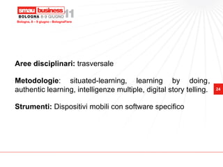 Bologna, 8 – 9 giugno - BolognaFiere




Aree disciplinari: trasversale

Metodologie: situated-learning, learning by doing,
authentic learning, intelligenze multiple, digital story telling.   24



Strumenti: Dispositivi mobili con software specifico
 