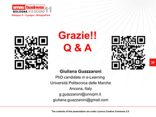 Bologna, 8 – 9 giugno - BolognaFiere




                                             Grazie!!
                                              Q&A
                                                                                                                  30


                                              Giuliana Guazzaroni
                                         PhD candidate in e-Learning
                                       Università Politecnica delle Marche
                                                  Ancona, Italy
                                            g.guazzaroni@univpm.it
                                        giuliana.guazzaroni@gmail.com

                                       The contents of this presentation are under Licence Creative Commons 2.5
 