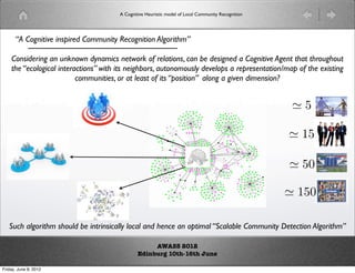 A Cognitive Heuristic model of Local Community Recognition




      “A Cognitive inspired Community Recognition Algorithm”

    Considering an unknown dynamics network of relations, can be designed a Cognitive Agent that throughout
    the “ecological interactions” with its neighbors, autonomously develops a representation/map of the existing
                          communities, or at least of its “position” along a given dimension?


                                                                                                     5

                                                                                                     15

                                                                                                     50

                                                                                                     150

   Such algorithm should be intrinsically local and hence an optimal “Scalable Community Detection Algorithm”

                                                    AWASS 2012
                                               Edinburg 10th-16th June

Friday, June 8, 2012
 