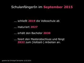 SchulanfängerIn im September 2015
... schließt 2019 die Volksschule ab
 
... maturiert 2027 
... erhält den Bachelor 2030
... feiert den Masterabschluss und fängt 
2032 zum (Vollzeit-) Arbeiten an.
gesehen bei Christoph Derndorfer 12.03.2014
 