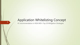 Application Whitelisting Concept6
#1 recommendation in NSA IAD’s Top 10 Mitigation Strategies
 