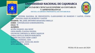 FACULTAD DE CIENCIAS ECONÓMICAS CONTABLES
Y ADMINISTRATIVAS
ESCUELAACADÉMICO PROFESIONAL DE CONTABILIDAD
UNIVERSIDAD NACIONAL DE CAJAMARCA
TEMA: SISTEMA NACIONAL DE PRESUPUESTO, CLASICADORES DE INGRESOS Y GASTOS, ETAPAS
DEL PROCESO, FASES DE INGRESOS Y GASTOS
DOCENTE: MG. JOSE ANTONIO BENAVIDEZ ORRILLO
CURSO: CONTABILIDAD GUBERNAMENTAL
CICLO: VI
ALUMNOS:
ACUÑA VASQUEZ, ANA NEIDY
CIEZA IMAÑA, CLAUDIA VALERIA
COLUNCHE CARUAJULCA, MERLY JAQUELIN
CUBAS CASTILLO, KERLYN MARGARITA
EDQUÉN DELGADO, MARY LISBET
GUEVARA HERRERA, AIDE
RAMOS VÁSQUEZ, DIANA DEL ROCÍO
SOTO SÁNCHEZ , NIXON
FECHA: 05 de enero del 2024
 
