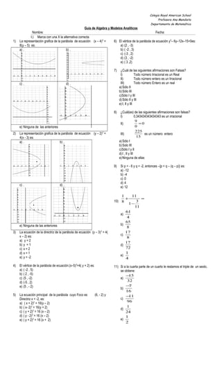 Colegio Royal American School
Profesora Ana Mendieta
Departamento de Matemática
Guía de Algebra y Modelos Analíticos
Nombre: Fecha:
I.) Marca con una X la alternativa correcta
1) La representación grafica de la parábola de ecuación (x – 4)2
=
8(y – 5) es:
a) . b) .
c) . d) .
e) Ninguna de las anteriores
2) La representación grafica de la parábola de ecuación (y – 2)2
=
4(x - 3) es:
a) . b) .
c) . d) .
e) Ninguna de las anteriores
3) La ecuación de la directriz de la parábola de ecuación (y – 3)2
= 4(
x – 2) es:
a) y = 2
b) y = 1
c) x = 2
d) x = 1
e) y = -2
4) El vértice de la parábola de ecuación:(x–5)2
=4( y + 2) es:
a) ( -2 , 5)
b) ( 2 , -5)
c) (5 , -2)
d) (-5 , 2)
e) (5 , - 2)
5) La ecuación principal de la parábola cuyo Foco es (6, - 2) y
Directriz x = -2, es:
a) ( x + 2)2
= 16(y – 2)
b) ( x- 2)2
= 16(y + 2)
c) ( y + 2)2
= 16 (x – 2)
d) ( y - 2)2
= 16 (x – 2)
e) ( y + 2)2
= 16 (x + 2)
6) El vértice de la parábola de ecuación y2
– 6y–12x–15=0es:
a) (2 , -3)
b) ( -2 , 3)
c) (-3 , 2)
d) (3 , -2)
e) ( 3 ,2)
7) ¿Cuál de las siguientes afirmaciones son Falsas?
I) Todo número Irracional es un Real
II) Todo número entero es un Irracional
III) Todo número Entero es un real
a)Sólo II
b)Sólo III
c)Sólo I y III
d)Sólo II y III
e)I, II y III
8) ¿Cuál(es) de las siguientes afirmaciones son falsas?
I) 0,343434343434343 es un irracional
II) 0
0
9
=
III)
15
225
es un número entero
a)Sólo I
b)Solo III
c)Sólo I y II
d)I , II y III
e)Ninguna de ellas
9) Si p = - 6 y q = -2, entonces –{p + q – (q – p)} es:
a) -12
b) -4
c) 0
d) 4
e) 12
10)
=
−
+
11
3
1
11
8
1
a)
4
61
b)
8
65
c)
8
17
d)
72
17
e)
4
1
11) Si a la cuarta parte de un cuarto le restamos el triple de un sexto,
se obtiene:
a)
32
15−
b)
16
7−
c)
96
11−
d)
24
1
e)
2
1
 