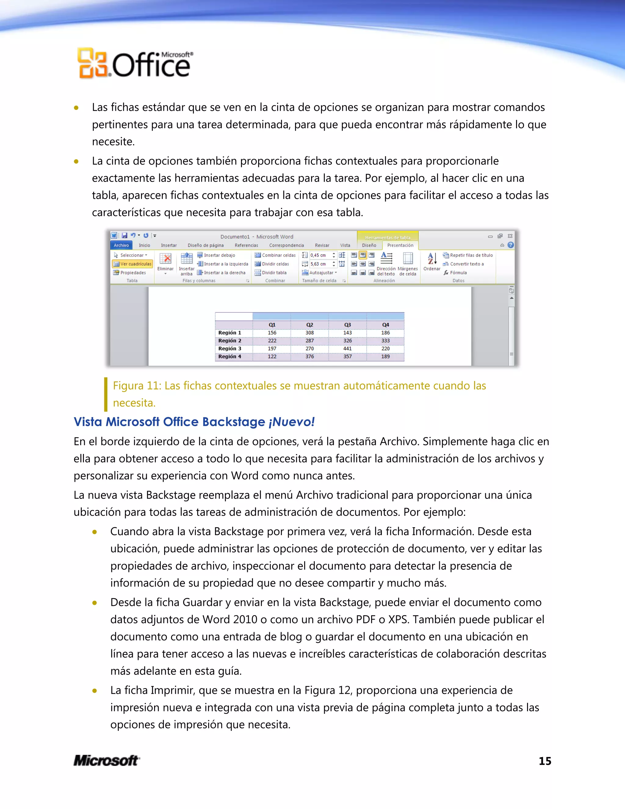 15
 Las fichas estándar que se ven en la cinta de opciones se organizan para mostrar comandos
pertinentes para una tarea determinada, para que pueda encontrar más rápidamente lo que
necesite.
 La cinta de opciones también proporciona fichas contextuales para proporcionarle
exactamente las herramientas adecuadas para la tarea. Por ejemplo, al hacer clic en una
tabla, aparecen fichas contextuales en la cinta de opciones para facilitar el acceso a todas las
características que necesita para trabajar con esa tabla.
Figura 11: Las fichas contextuales se muestran automáticamente cuando las
necesita.
Vista Microsoft Office Backstage ¡Nuevo!
En el borde izquierdo de la cinta de opciones, verá la pestaña Archivo. Simplemente haga clic en
ella para obtener acceso a todo lo que necesita para facilitar la administración de los archivos y
personalizar su experiencia con Word como nunca antes.
La nueva vista Backstage reemplaza el menú Archivo tradicional para proporcionar una única
ubicación para todas las tareas de administración de documentos. Por ejemplo:
 Cuando abra la vista Backstage por primera vez, verá la ficha Información. Desde esta
ubicación, puede administrar las opciones de protección de documento, ver y editar las
propiedades de archivo, inspeccionar el documento para detectar la presencia de
información de su propiedad que no desee compartir y mucho más.
 Desde la ficha Guardar y enviar en la vista Backstage, puede enviar el documento como
datos adjuntos de Word 2010 o como un archivo PDF o XPS. También puede publicar el
documento como una entrada de blog o guardar el documento en una ubicación en
línea para tener acceso a las nuevas e increíbles características de colaboración descritas
más adelante en esta guía.
 La ficha Imprimir, que se muestra en la Figura 12, proporciona una experiencia de
impresión nueva e integrada con una vista previa de página completa junto a todas las
opciones de impresión que necesita.
 