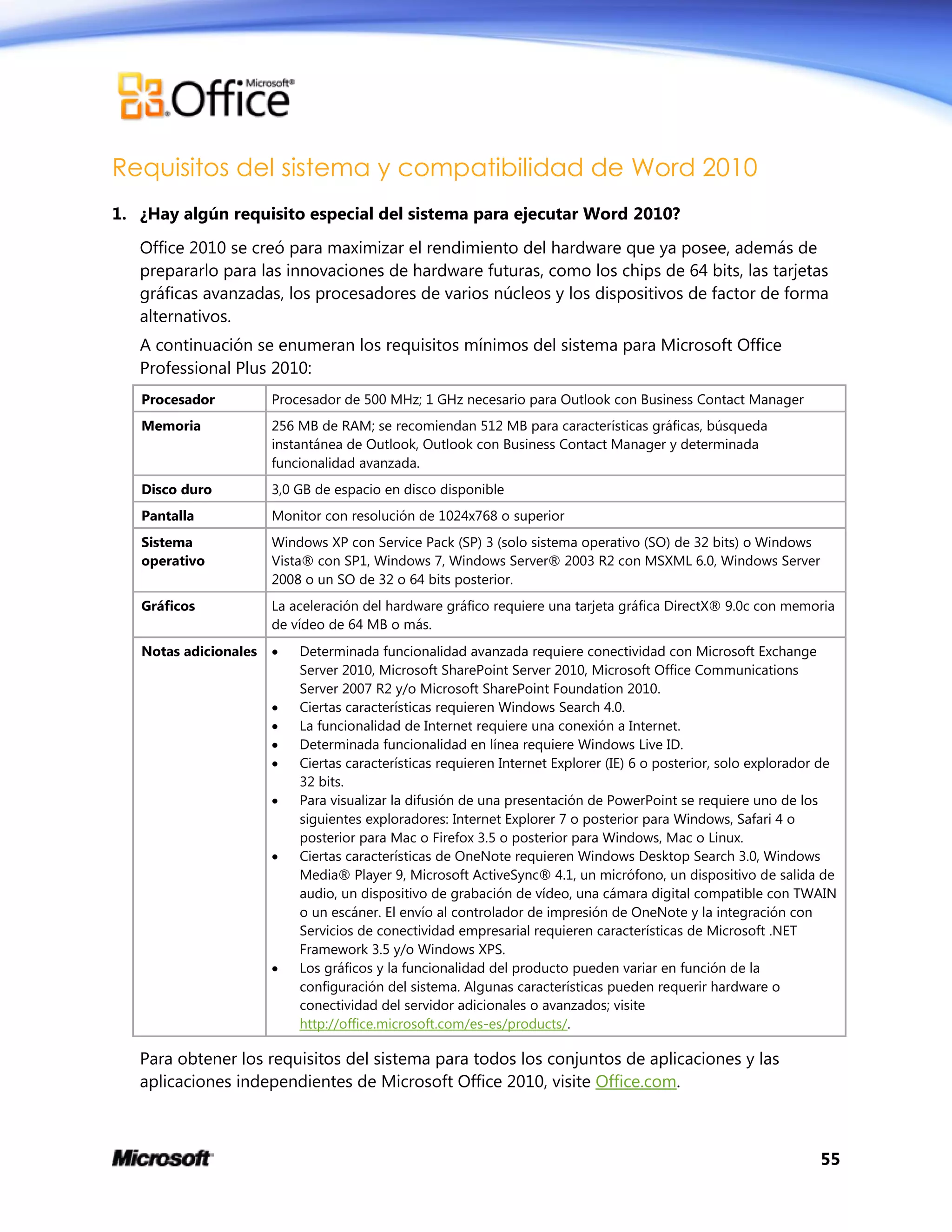 55
Requisitos del sistema y compatibilidad de Word 2010
1. ¿Hay algún requisito especial del sistema para ejecutar Word 2010?
Office 2010 se creó para maximizar el rendimiento del hardware que ya posee, además de
prepararlo para las innovaciones de hardware futuras, como los chips de 64 bits, las tarjetas
gráficas avanzadas, los procesadores de varios núcleos y los dispositivos de factor de forma
alternativos.
A continuación se enumeran los requisitos mínimos del sistema para Microsoft Office
Professional Plus 2010:
Procesador Procesador de 500 MHz; 1 GHz necesario para Outlook con Business Contact Manager
Memoria 256 MB de RAM; se recomiendan 512 MB para características gráficas, búsqueda
instantánea de Outlook, Outlook con Business Contact Manager y determinada
funcionalidad avanzada.
Disco duro 3,0 GB de espacio en disco disponible
Pantalla Monitor con resolución de 1024x768 o superior
Sistema
operativo
Windows XP con Service Pack (SP) 3 (solo sistema operativo (SO) de 32 bits) o Windows
Vista® con SP1, Windows 7, Windows Server® 2003 R2 con MSXML 6.0, Windows Server
2008 o un SO de 32 o 64 bits posterior.
Gráficos La aceleración del hardware gráfico requiere una tarjeta gráfica DirectX® 9.0c con memoria
de vídeo de 64 MB o más.
Notas adicionales  Determinada funcionalidad avanzada requiere conectividad con Microsoft Exchange
Server 2010, Microsoft SharePoint Server 2010, Microsoft Office Communications
Server 2007 R2 y/o Microsoft SharePoint Foundation 2010.
 Ciertas características requieren Windows Search 4.0.
 La funcionalidad de Internet requiere una conexión a Internet.
 Determinada funcionalidad en línea requiere Windows Live ID.
 Ciertas características requieren Internet Explorer (IE) 6 o posterior, solo explorador de
32 bits.
 Para visualizar la difusión de una presentación de PowerPoint se requiere uno de los
siguientes exploradores: Internet Explorer 7 o posterior para Windows, Safari 4 o
posterior para Mac o Firefox 3.5 o posterior para Windows, Mac o Linux.
 Ciertas características de OneNote requieren Windows Desktop Search 3.0, Windows
Media® Player 9, Microsoft ActiveSync® 4.1, un micrófono, un dispositivo de salida de
audio, un dispositivo de grabación de vídeo, una cámara digital compatible con TWAIN
o un escáner. El envío al controlador de impresión de OneNote y la integración con
Servicios de conectividad empresarial requieren características de Microsoft .NET
Framework 3.5 y/o Windows XPS.
 Los gráficos y la funcionalidad del producto pueden variar en función de la
configuración del sistema. Algunas características pueden requerir hardware o
conectividad del servidor adicionales o avanzados; visite
http://office.microsoft.com/es-es/products/.
Para obtener los requisitos del sistema para todos los conjuntos de aplicaciones y las
aplicaciones independientes de Microsoft Office 2010, visite Office.com.
 
