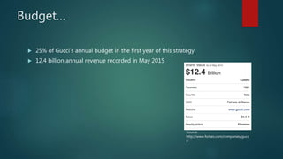 Budget…
 25% of Gucci’s annual budget in the first year of this strategy
 12.4 billion annual revenue recorded in May 2015
Source:
http://www.forbes.com/companies/gucc
i/
 