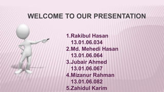 1.Rakibul Hasan
13.01.06.034
2.Md. Mehedi Hasan
13.01.06.064
3.Jubair Ahmed
13.01.06.067
4.Mizanur Rahman
13.01.06.082
5.Zahidul Karim
 