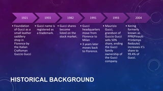 HISTORICAL BACKGROUND
1921
• Foundation
of Gucci as a
small leather
saddlery
shop in
Florence by
the Italian
Craftsman
Guccio Gucci
1955
• Gucci name is
registered as
a trademark.
1982
• Gucci shares
become
listed on the
stock market.
1991
• Gucci
headquarters
move from
Florence to
Milan
• 3 years later
moves back
to Florence.
1993
• Maurizio
Gucci,
grandson of
Guccio Gucci
sells 50%
share, ending
the Gucci
family
ownership of
the Gucci
company.
2004
• Kering
formerly
known as
PPR(Pinault-
Printemps
Redoute)
increases it's
share to
99.4% of
Gucci.
 