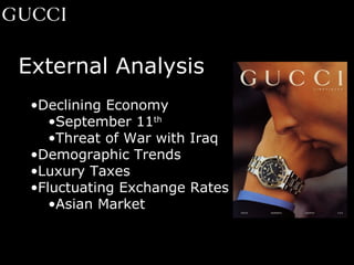 External Analysis Declining Economy September 11 th Threat of War with Iraq Demographic Trends Luxury Taxes Fluctuating Exchange Rates Asian Market 