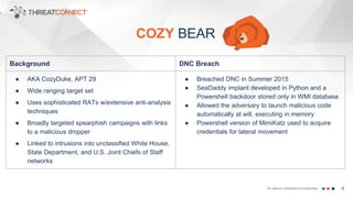 6All material confidential and proprietary
Background DNC Breach
● AKA CozyDuke, APT 29
● Wide ranging target set
● Uses s...