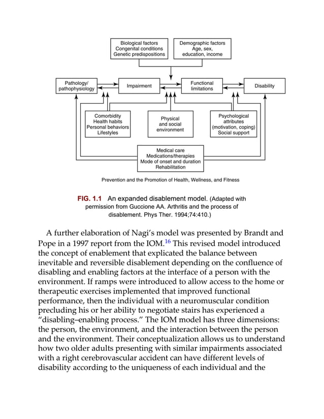 FIG. 1.1 An expanded disablement model. (Adapted with
permission from Guccione AA. Arthritis and the process of
disablement. Phys Ther. 1994;74:410.)
A further elaboration of Nagi’s model was presented by Brandt and
Pope in a 1997 report from the IOM.16 This revised model introduced
the concept of enablement that explicated the balance between
inevitable and reversible disablement depending on the confluence of
disabling and enabling factors at the interface of a person with the
environment. If ramps were introduced to allow access to the home or
therapeutic exercises implemented that improved functional
performance, then the individual with a neuromuscular condition
precluding his or her ability to negotiate stairs has experienced a
“disabling–enabling process.” The IOM model has three dimensions:
the person, the environment, and the interaction between the person
and the environment. Their conceptualization allows us to understand
how two older adults presenting with similar impairments associated
with a right cerebrovascular accident can have different levels of
disability according to the uniqueness of each individual and the
 