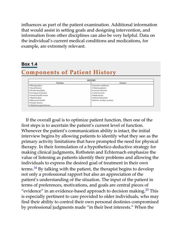 influences as part of the patient examination. Additional information
that would assist in setting goals and designing intervention, and
information from other disciplines can also be very helpful. Data on
the individual’s current medical conditions and medications, for
example, are extremely relevant.
Box 1.4
Components of Patient History
If the overall goal is to optimize patient function, then one of the
first steps is to ascertain the patient’s current level of function.
Whenever the patient’s communication ability is intact, the initial
interview begins by allowing patients to identify what they see as the
primary activity limitations that have prompted the need for physical
therapy. In their formulation of a hypothetico-deductive strategy for
making clinical judgments, Rothstein and Echternach emphasize the
value of listening as patients identify their problems and allowing the
individuals to express the desired goal of treatment in their own
terms.34 By talking with the patient, the therapist begins to develop
not only a professional rapport but also an appreciation of the
patient’s understanding of the situation. The input of the patient in
terms of preferences, motivations, and goals are central pieces of
“evidence” in an evidence-based approach to decision making.35 This
is especially pertinent to care provided to older individuals, who may
find their ability to control their own personal destinies compromised
by professional judgments made “in their best interests.” When the
 