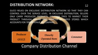 DISTRIBUTION NETWORK:
GUCCI RELIES ON EXCLUSIVE DISTRIBUTION NETWORK SO THAT THEY CAN
CONTROL OVER THE SERVICE LEVEL. IN EXCLUSIVE DISTRIBUTION, SELLERS
ONLY CARRY PRODUCER PRODUCTS. COMPANY TRIES TO MARKET THEIR
PRODUCT THROUGH ONLINE AND DIRECTLY OPERATED STORES WHICH
ACCOUNTS FOR 70% REVENUE OF COMPANY.
12
Producer
GUCCI
Directly
Operated Store
Consumer
Company Distribution Channel
 