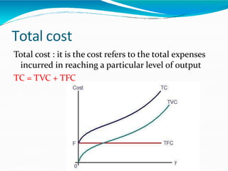 Total cost
Total cost : it is the cost refers to the total expenses
incurred in reaching a particular level of output
TC = TVC + TFC
 