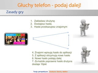 Głuchy telefon - podaj dalej!
Zasady gry

             1. Zakładasz drużynę
             2. Dostajesz hasła.
             3. Hasła przekazujesz znajomym




              4. Znajomi wpisują hasło do aplikacji
              5. Z aplikacji otrzymują nowe hasło
              6. Nowe hasło podają dalej
              7. Za każde poprawne hasło drużyna
              dostaje 10pkt
 