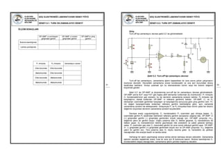 ELEKTRİK-
ELEKTRONİK
MÜHENDİSLİĞİ
BÖLÜMÜ
GÜÇ ELEKTRONİĞİ LABORATUVARI DENEY FÖYÜ
DENEY-5.1: TURN ON ZAMANLAYICI DENEYİ
41
ÖLÇÜM SONUÇLARI
OP-AMP’ ın evirmeyen
girişindeki gerilim
OP-AMP’ ın eviren
girişindeki gerilim
OP-AMP’ın çıkış
gerilimi
Butona basıldığında
Lamba yandığında
P1 trimpotu P2 trimpotu Zamanlayıcı süresi
Orta konumda Orta konumda
Maksimumda Orta konumda
Orta konumda Maksimumda
Maksimumda Maksimumda
ELEKTRİK-
ELEKTRONİK
MÜHENDİSLİĞİ
BÖLÜMÜ
GÜÇ ELEKTRONİĞİ LABORATUVARI DENEY FÖYÜ
DENEY-5.2: TURN OFF ZAMANLAYICI DENEYİ
42
Giriş:
Turn-off tipi zamanlayıcı devresi şekil 5.2’ de görülmektedir.
Şekil 5.2: Turn-off tipi zamanlayıcı devresi
Turn-off tipi zamanlayıcı, zamanlama işlemi başladıktan bir süre sonra yükün çalışmasını
durduran devredir. Devredeki zamanlama süresi kondansatör ve ona seri durumdaki direnç
tarafından belirlenir. Süreyi uzatmak için bu elemanlardan birinin veya her ikisinin değerini
büyütmek gerekir.
Şekil 5.2’ de OP-AMP’ la düzenlenmiş turn-off tipi bir zamanlayıcı devresi görülmektedir.
OP-AMP yerine BJT veya FET gibi başka aktif elemanlar kullanmak da mümkündür. P1 trimpotu
C1 kondansatörünün şarj süresini, bu da devrenin zamanlama süresini belirler. P2 trimpotu ise
karşılaştırıcı olarak kullanılan OP-AMP’ ın referans gerilimini belirler. OP-AMP, C1 ve P2
elemanları üzerindeki gerilimleri karşılaştır ve karşılaştırma sonucuna göre çıkış gerilimi verir. P2’
nin değeri karşılaştırmada kullanılan referans gerilimi belirlediğine göre, aynı zamanda
zamanlama süresini de etkileyecektir. Dolayısıyla P1 ve P2 trimpotlarından birinin yada her ikisinin
değerinin büyümesi devrenin zamanlama süresini büyütecektir.
Devreye enerji uygulandığında, C1 kondansatörü P1 üzerinden şarj olmaya başlar. C1
üzerindeki gerilim P2 tarafından belirlenen referans gerilimi seviyesine ulaşana dek, OP-AMP’ ın
(+) girişindeki gerilim (-) girişindeki gerilimden büyük olacağı için, OP-AMP çıkışında +VCC
değerine yakın bir gerilim oluşur. Doğru polarma olan D1 iletime geçerek, Q1 transistörünü de
iletken yapar. Q1 transistörünün iletime geçmesiyle röle enerjilenir ve paleti çekerek lambayı
yakar. P1 üzerinden şarj olan C1 üzerindeki gerilim bir süre sonra referans gerilimi aşar. OP-AMP’
ın (-) girişindeki gerilim (+) girişindeki gerilimden büyük olur ve OP-AMP çıkışında –VCC değerine
yakın bir gerilim olur. Ters polarma alan D1 diyotu kesime gider. Q1 transistörü de yalıtkan
olacağından röle enerjisi kesilir ve lamba söner.
Herhangi bir işlem yapılmadığı sürece lamba sönük kalmaya devam edecektir. Zamanlama
işlemini yeniden başlatmak üzere, kısa bir süre için B butonuna basılır. Butona basıldığında C1
kondansatörü deşarj olacağından, zamanlama işlemi yeniden başlamış olacaktır.
3
2
6
74
C1
R1
P2
B
P1
+Vcc
Q1R2
R3
-Vcc
D2
D1
 