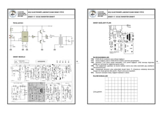 ELEKTRİK-
ELEKTRONİK
MÜHENDİSLİĞİ
BÖLÜMÜ
GÜÇ ELEKTRONİĞİ LABORATUVARI DENEY FÖYÜ
DENEY-11: DC/AC İNVERTÖR DENEYİ
85
Deney şeması:
DENEY MODÜLÜ
4
7
3
1
8
2
6
5
NE555
R1
1k
P1
100k
C1
100nF
C2
10nF
+12V
R2
100
Q1
TIP41
Q2
TIP42
C3
2200u
L1
1uH
TR1
12V/220V
SCOP
C4
10nF
ELEKTRİK-
ELEKTRONİK
MÜHENDİSLİĞİ
BÖLÜMÜ
GÜÇ ELEKTRONİĞİ LABORATUVARI DENEY FÖYÜ
DENEY-11: DC/AC İNVERTÖR DENEYİ
86
DENEY BAĞLANTI PLANI
İŞLEM BASAMAKLARI
176) ES05-09-03 modülünü ana üniteye bağlayın.
177) Deney bağlantı planını ES05-09-03 modülü üzerinde gerçekleştirin.
178) Devrenin +12V pinini modül üzerindeki +12V pinine bağlayın. GND devreye doğrudan
geldiği için herhangi bir bağlantıya gerek yoktur.
179) Tüm bağlantıları yaptıktan ve kontrol ettikten sonra ana ünite üzerindeki güç anahtarını
ON konumuna alın.
180) Osilaskopla devrenin çıkış uçlarındaki sinyali ölçün. P1 trimpotunu osilaskop ekranında
düzgün bir sinyal görene dek çevirin. Ölçüm sonucunu kaydedin.
181) Devrenin enerjisini kesip, bağlantı kablolarını sökün.
ÖLÇÜM SONUÇLARI
Çıkış gerilimi
 