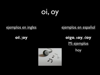 oi, oy
ejemplos en ingles            ejemplos en español

     oil, joy                   oigo, soy, doy
                                 Mi ejemplos
                                     hoy
 