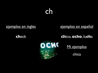 ch
ejemplos en ingles        ejemplos en español

     check                chico, ocho, lucha

                             Mi ejemplos
                                 chica
 