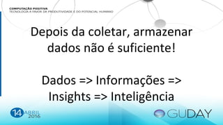 Depois da coletar, armazenar
dados não é suficiente!
Dados => Informações =>
Insights => Inteligência
 