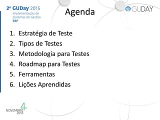 1. Estratégia de Teste
2. Tipos de Testes
3. Metodologia para Testes
4. Roadmap para Testes
5. Ferramentas
6. Lições Apren...