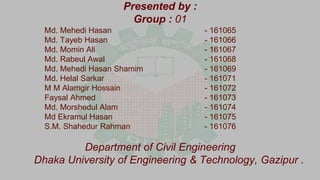 Presented by :
Group : 01
Department of Civil Engineering
Dhaka University of Engineering & Technology, Gazipur .
Md. Mehedi Hasan - 161065
Md. Tayeb Hasan - 161066
Md. Momin Ali - 161067
Md. Rabeul Awal - 161068
Md. Mehedi Hasan Shamim - 161069
Md. Helal Sarkar - 161071
M M Alamgir Hossain - 161072
Faysal Ahmed - 161073
Md. Morshedul Alam - 161074
Md Ekramul Hasan - 161075
S.M. Shahedur Rahman - 161076
 