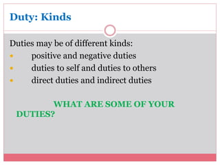 Duty: Kinds 
Duties may be of different kinds: 
 positive and negative duties 
 duties to self and duties to others 
 direct duties and indirect duties 
WHAT ARE SOME OF YOUR 
DUTIES? 
 