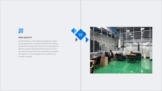 HIGH QUALITY
Gud Mould have a strict quality management system,
and equipped with a number of high-precision testing
equipment imported from abroad. From production to
delivery, quality control permeates every link. At the
same time, we also have strict certification procedures
for suppliers to ensure quality of raw materials and
turnover materials.
02
 